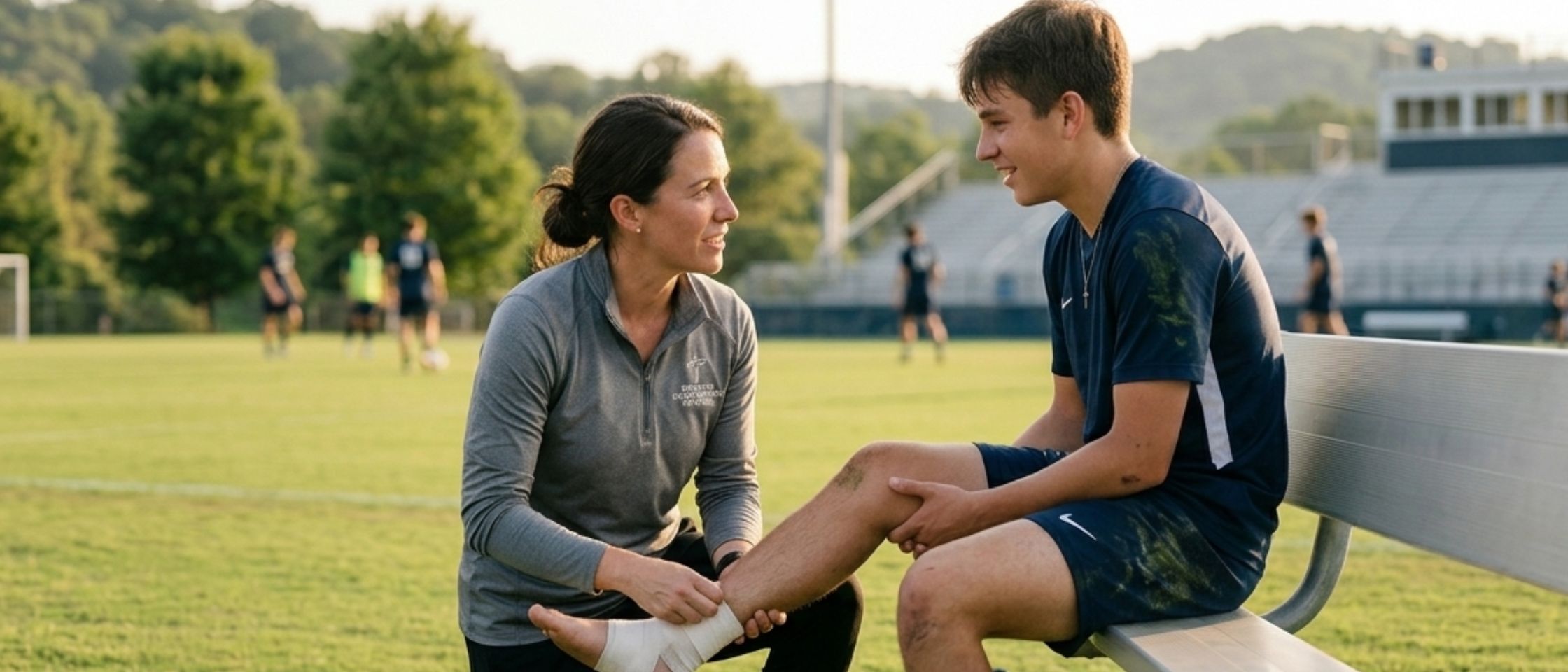 An athletic trainer providing compassionate care to an athlete, reflecting a Christian worldview of dignity.