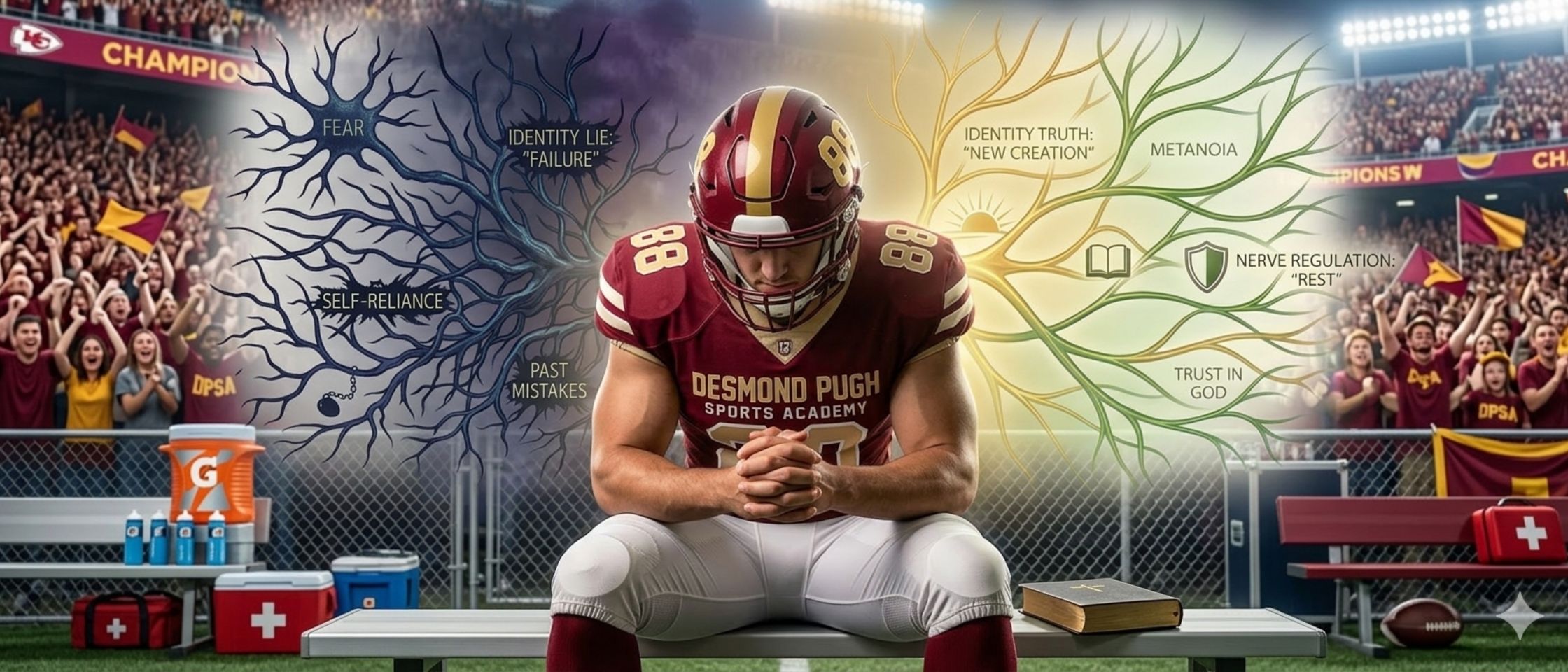 A defensive end sitting on the sideline of a championship football game, using scripture to regulate his thoughts